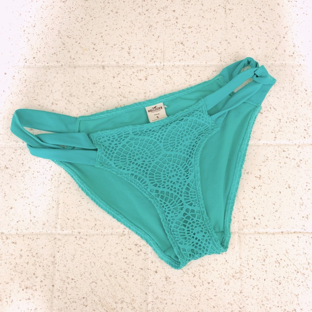 Hollister lace embroidered teal bikini bottoms small strappy sides